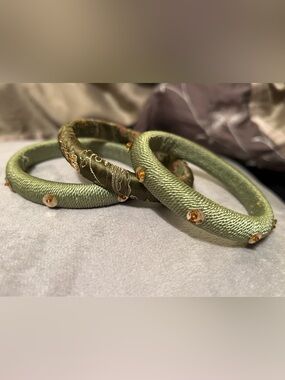 Set of 3 Green Fabric Wrapped Bangle Bracelets Embroidered Sequin Preowned